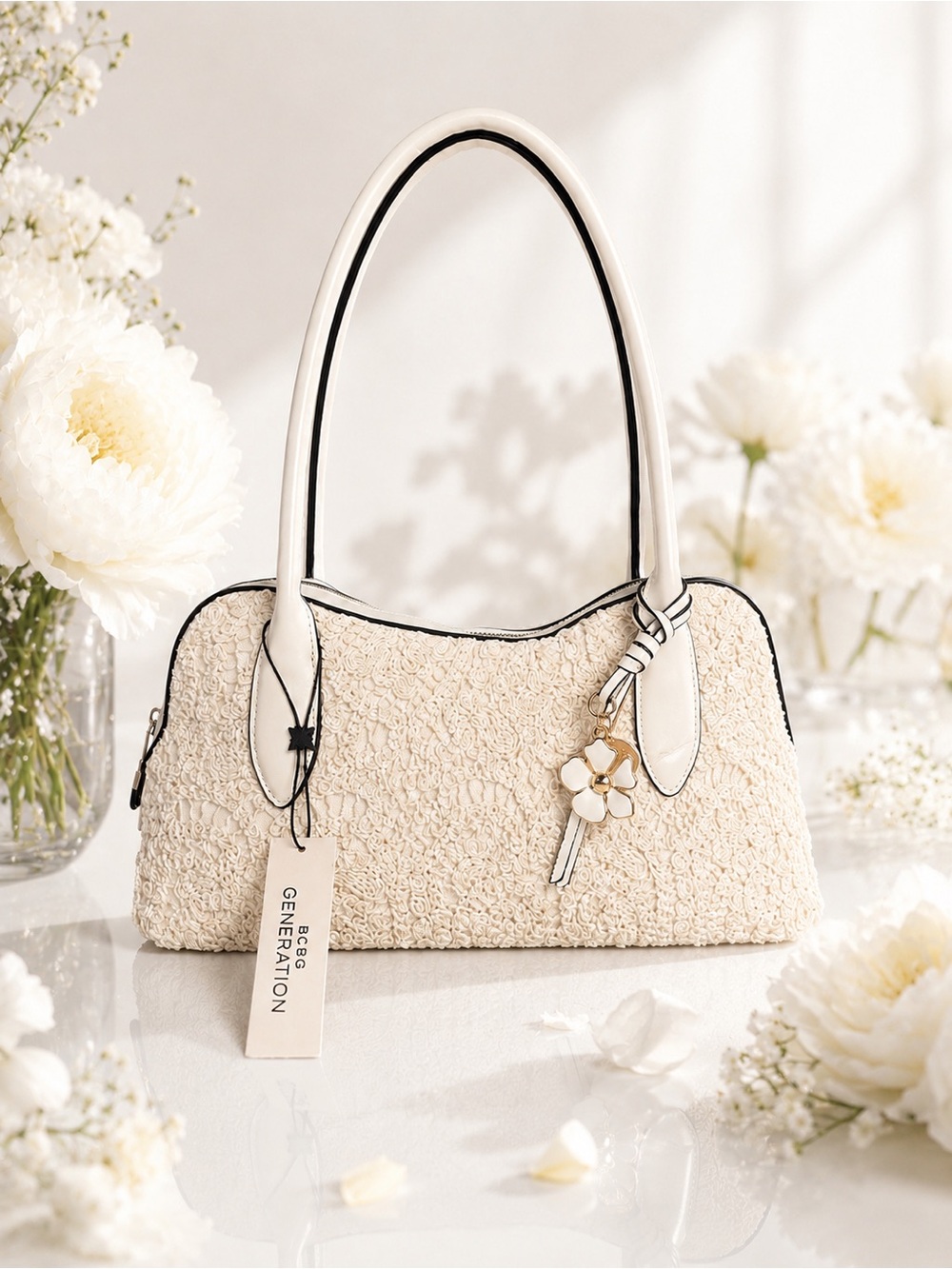 BCBGeneration Cream Textured Shoulder Bag with Floral Charm